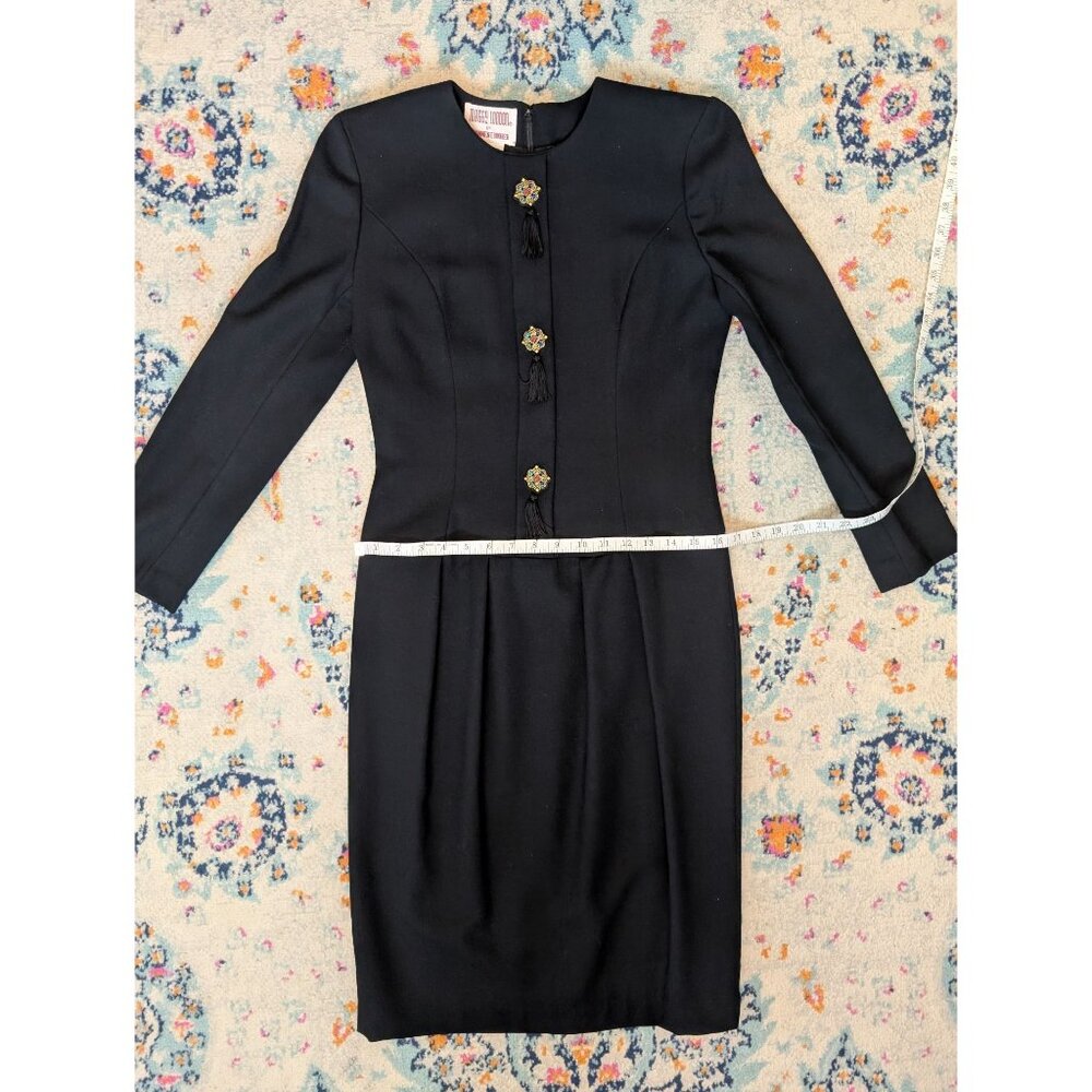Vintage Maggy London Black Wool Dress W/ Embellished Appliques & Tassels - 4 - Picture 8 of 10